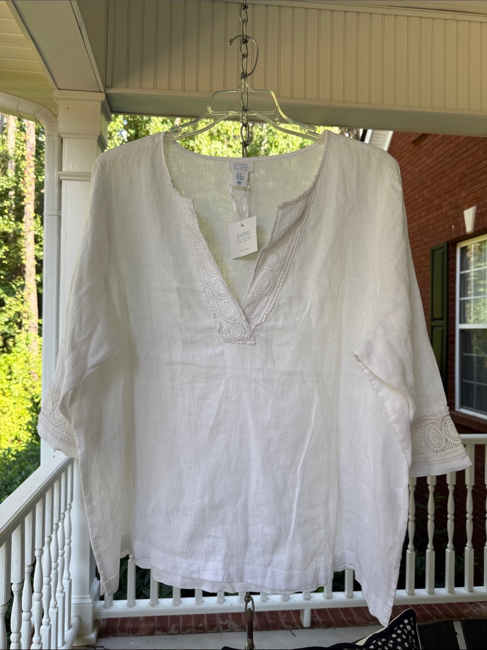 Sigrid Olsen White Linen V-Neck Tunic Top with Lace Trim - Picture 2 of 8